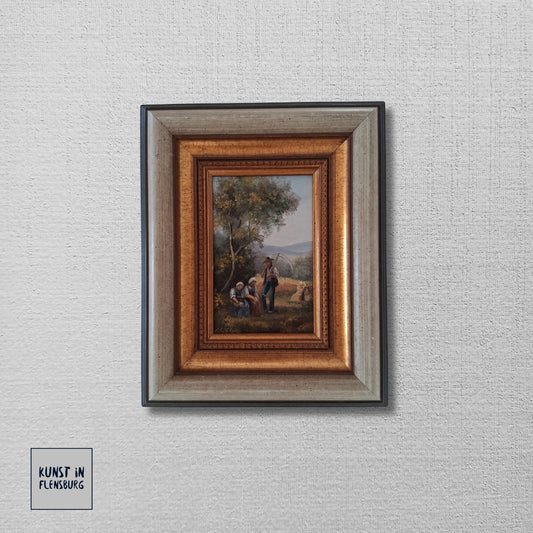 ORIGINAL Ölgemälde auf Holzplatte inkl. Rahmen | Landwirtschaft / Heuernte / Figuren | Signiert