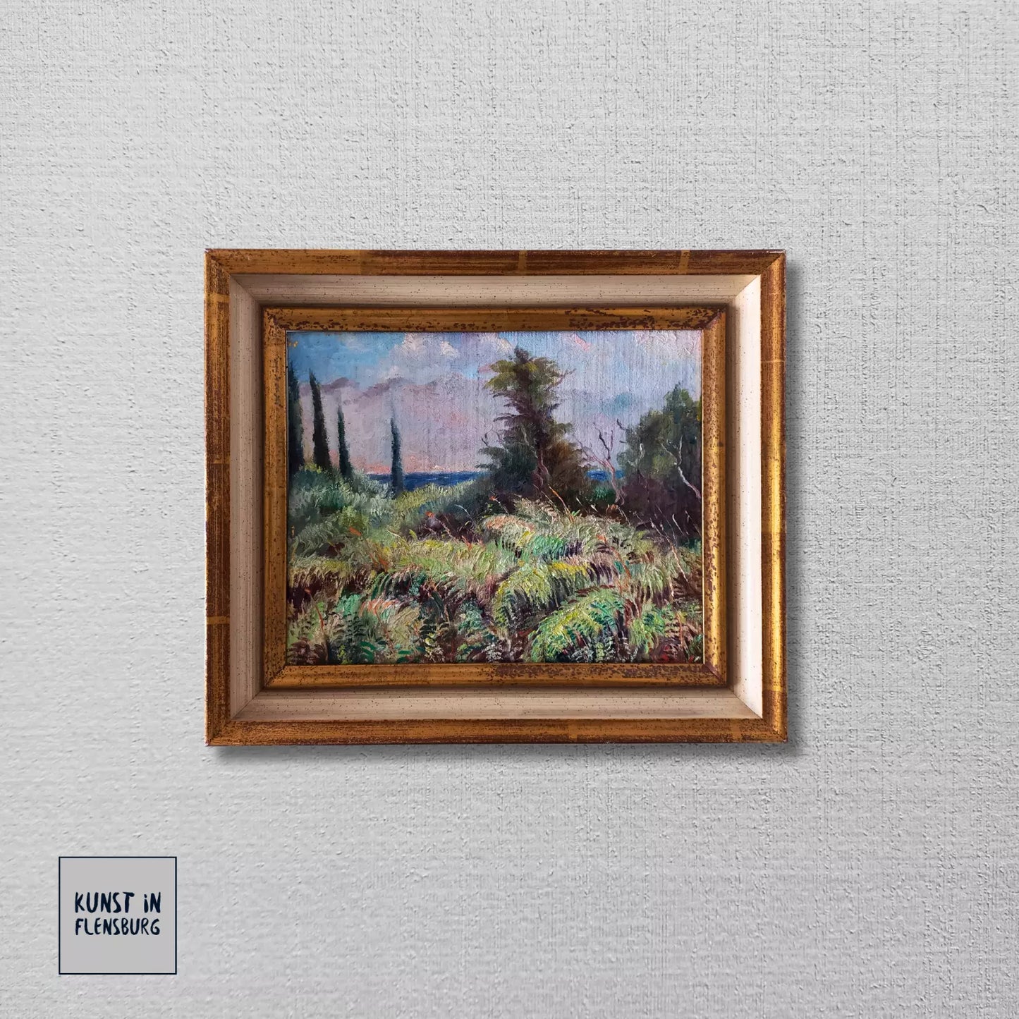 ORIGINAL Ölgemälde auf Karton inkl. Rahmen | Farnlandschaft / Natur | 33x28 cm | Signiert