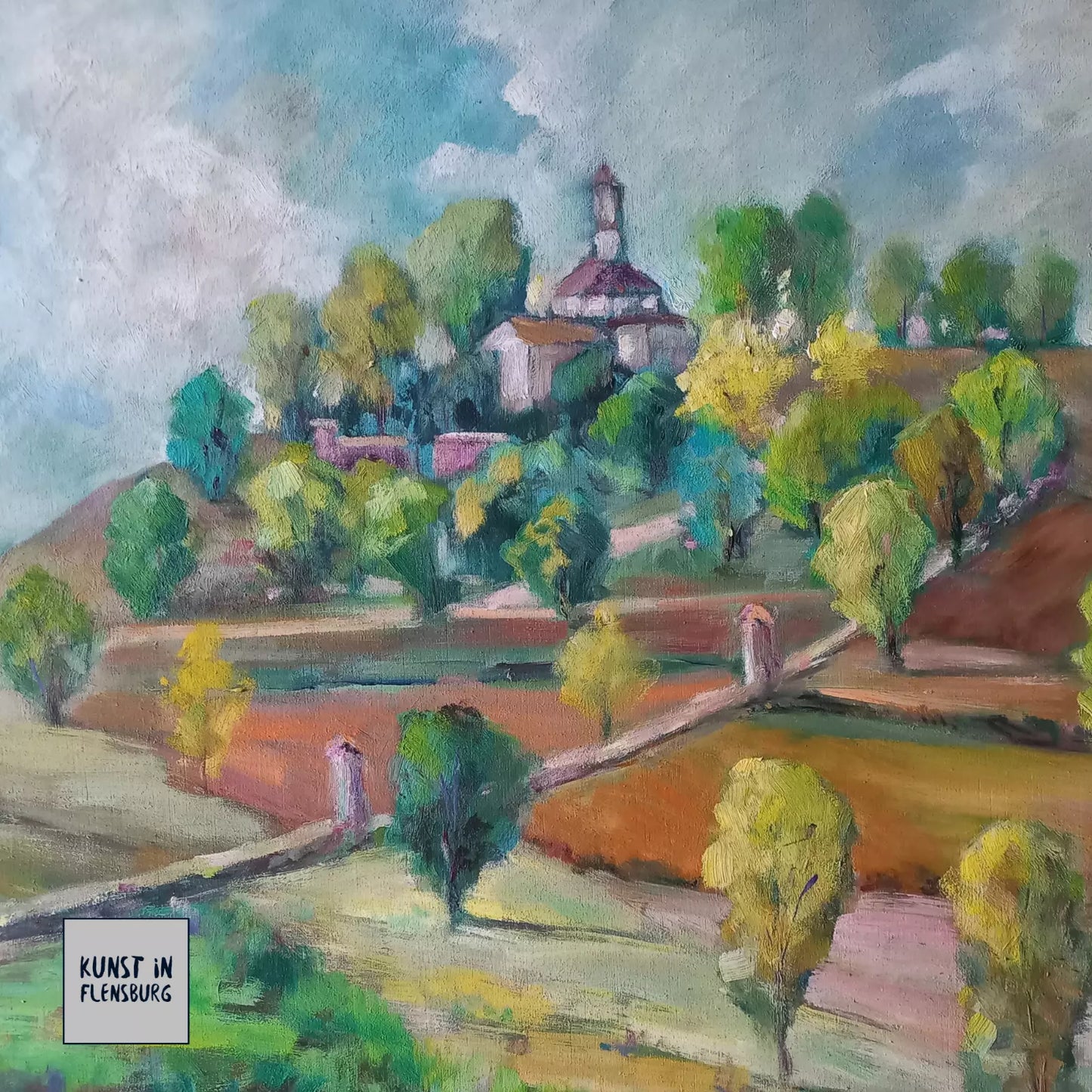 CARLES COMPTE (*1944) | Landschaft / Hügel / Kapelle | ORIGINAL Ölgemälde auf Holzplatte