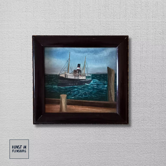 ORIGINAL Ölgemälde auf Leinwand inkl. Rahmen | Dampfschiff "Ellen" beim Anlegen | 35x32 cm