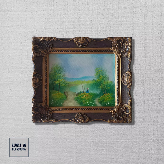 ORIGINAL Ölgemälde auf Leinwand inkl. Holzrahmen | Sommerlandschaft am See mit Figuren