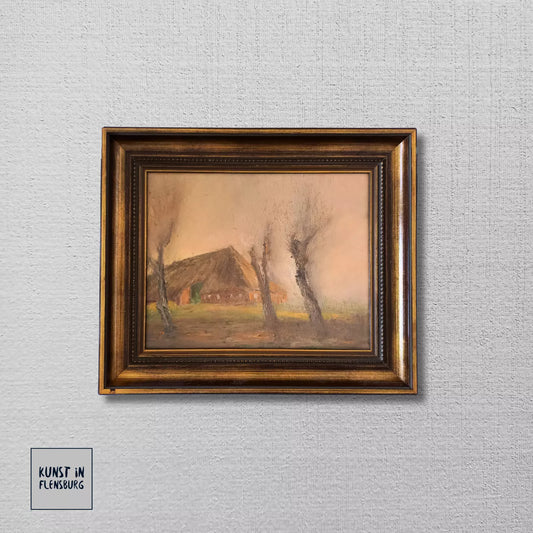 ORIGINAL Ölgemälde auf Leinwand inkl. Rahmen | Reetdachhaus / Nebel / Ostfriesland | Signiert