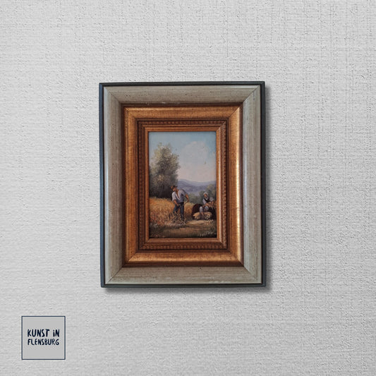 ORIGINAL Ölgemälde auf Holzplatte inkl. Rahmen | Landwirtschaft / Heuernte / Figuren | Signiert