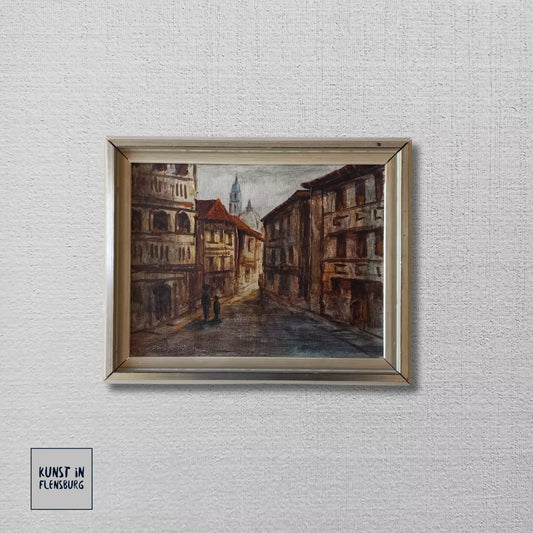 ORIGINAL Ölgemälde auf Leinwand inkl. Rahmen | Stadtansicht / Stadtszene mit Figuren | Signiert