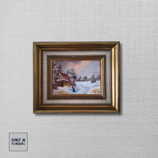 ORIGINAL Ölgemälde auf Karton inkl. Rahmen | Bauernhaus / Winterlandschaft mit Figur | Signiert