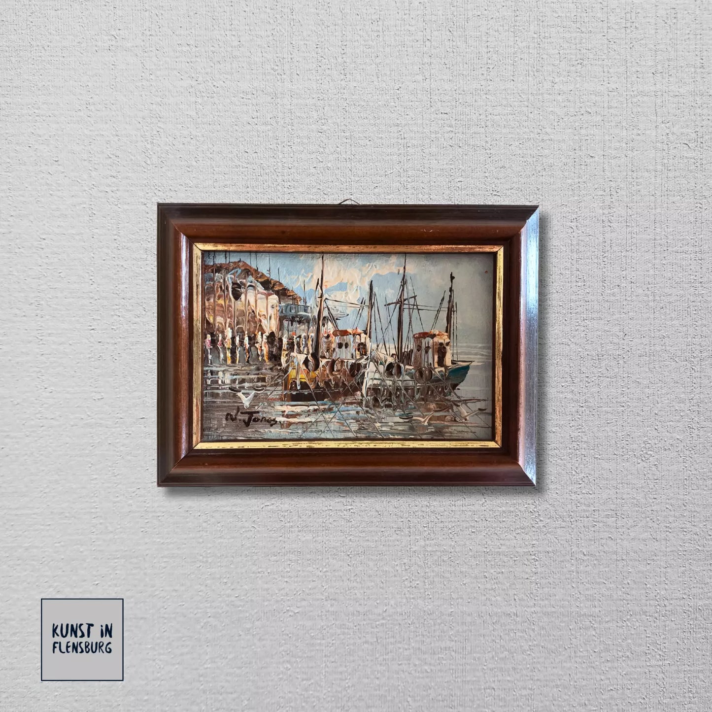 ORIGINAL Ölgemälde auf Karton | Fischerboote im Hafen | 19x14 cm | Signiert: N. JONES