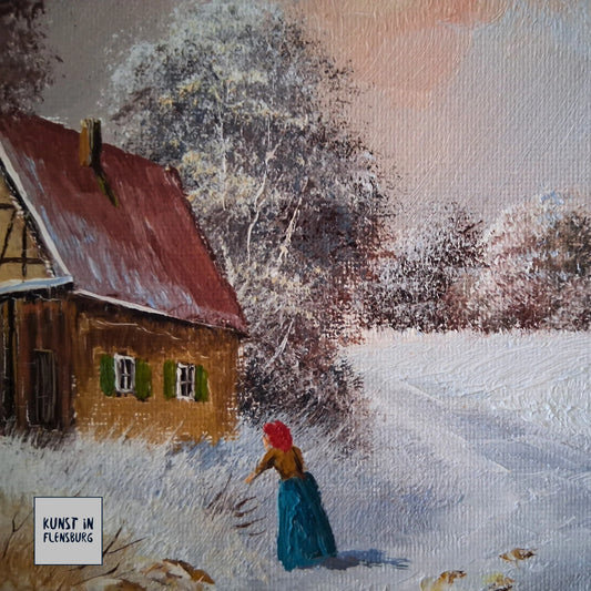 ORIGINAL Ölgemälde auf Karton inkl. Rahmen | Bauernhaus / Winterlandschaft mit Figur | Signiert