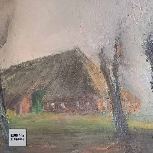 ORIGINAL Ölgemälde auf Leinwand inkl. Rahmen | Reetdachhaus / Nebel / Ostfriesland | Signiert