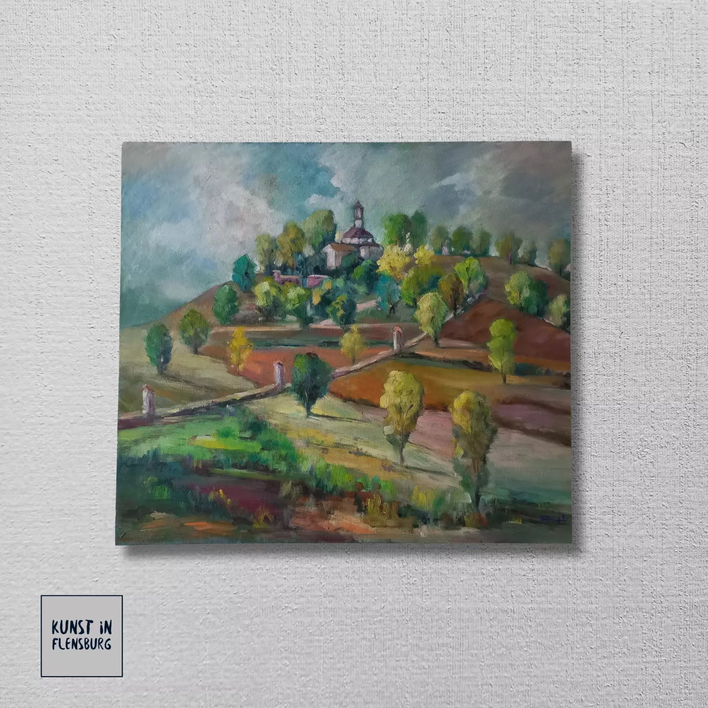 CARLES COMPTE (*1944) | Landschaft / Hügel / Kapelle | ORIGINAL Ölgemälde auf Holzplatte