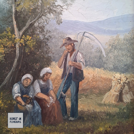 ORIGINAL Ölgemälde auf Holzplatte inkl. Rahmen | Landwirtschaft / Heuernte / Figuren | Signiert