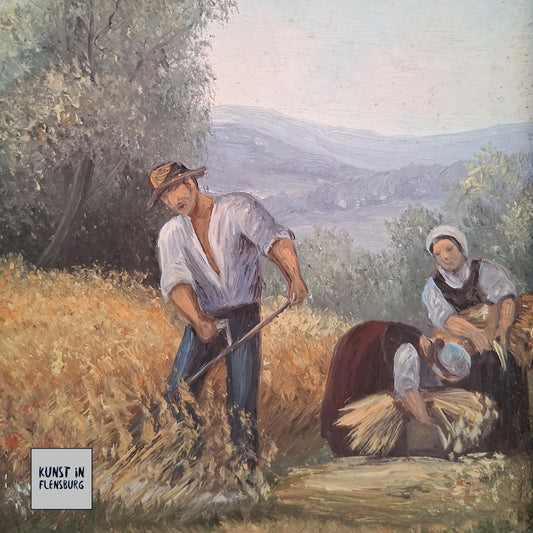 ORIGINAL Ölgemälde auf Holzplatte inkl. Rahmen | Landwirtschaft / Heuernte / Figuren | Signiert
