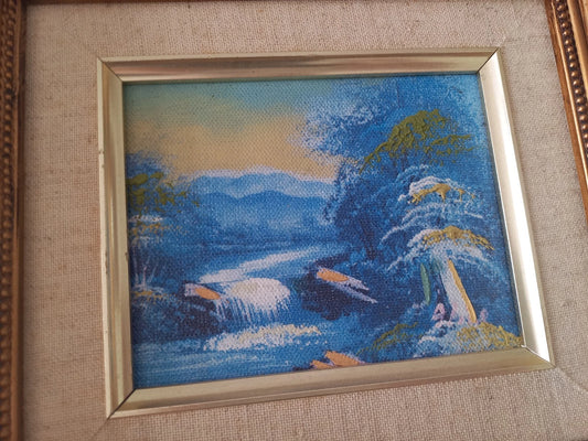 ORIGINAL Ölgemälde auf Leinwand inkl. Rahmen | Berglandschaft / Natur / Fluss | 23x20 cm