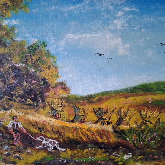 ORIGINAL Ölgemälde auf Leinwand inkl. Rahmen | Landschaft / Natur / Mann mit Hund | Signiert