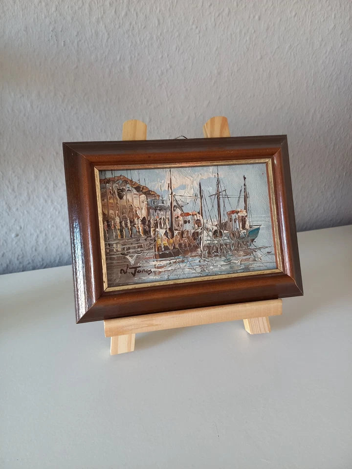 ORIGINAL Ölgemälde auf Karton | Fischerboote im Hafen | 19x14 cm | Signiert: N. JONES