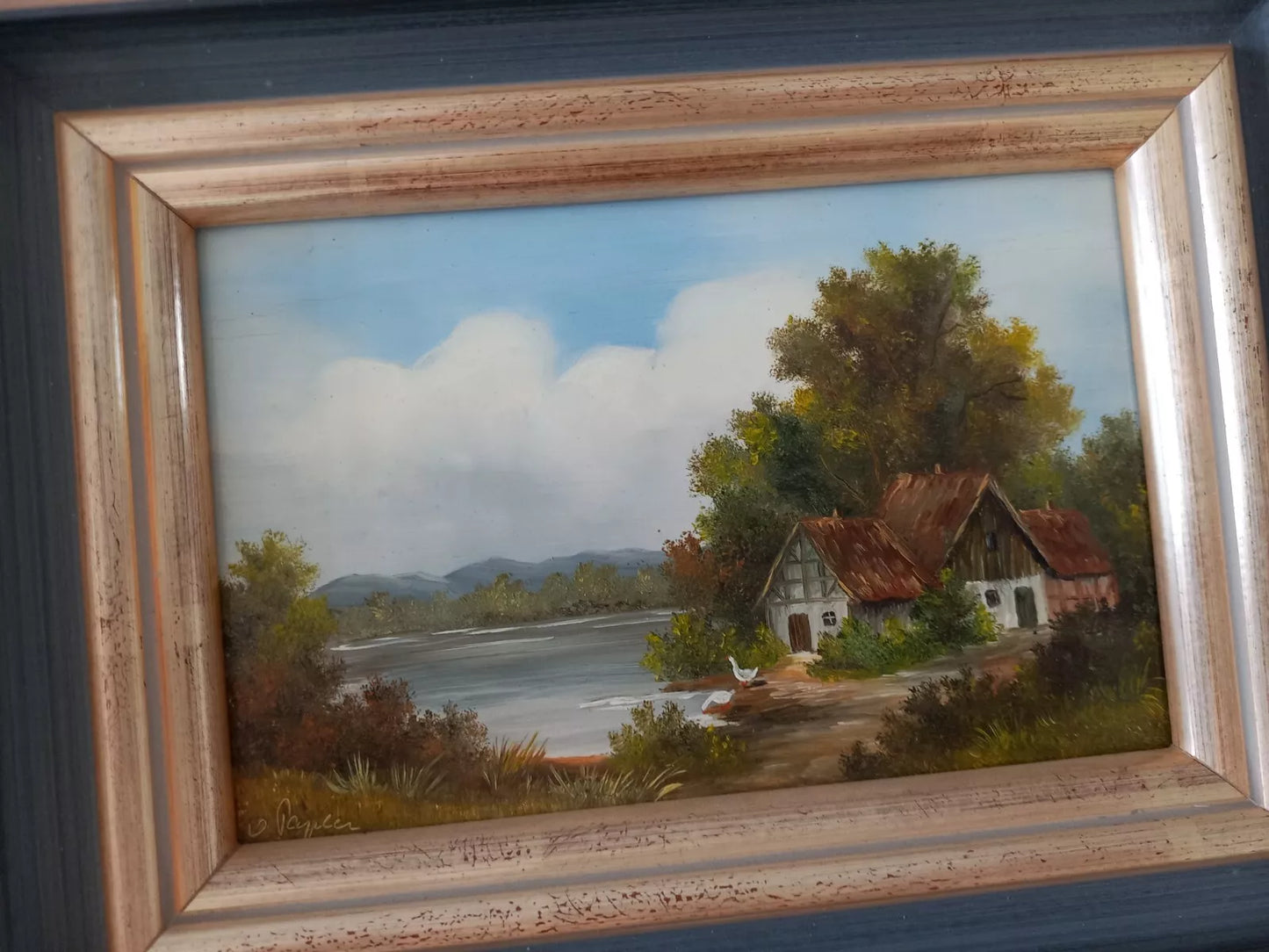 ORIGINAL Ölgemälde auf Holzplatte | Landschaft / Bauernhaus am See | Signiert: VON PAPEN