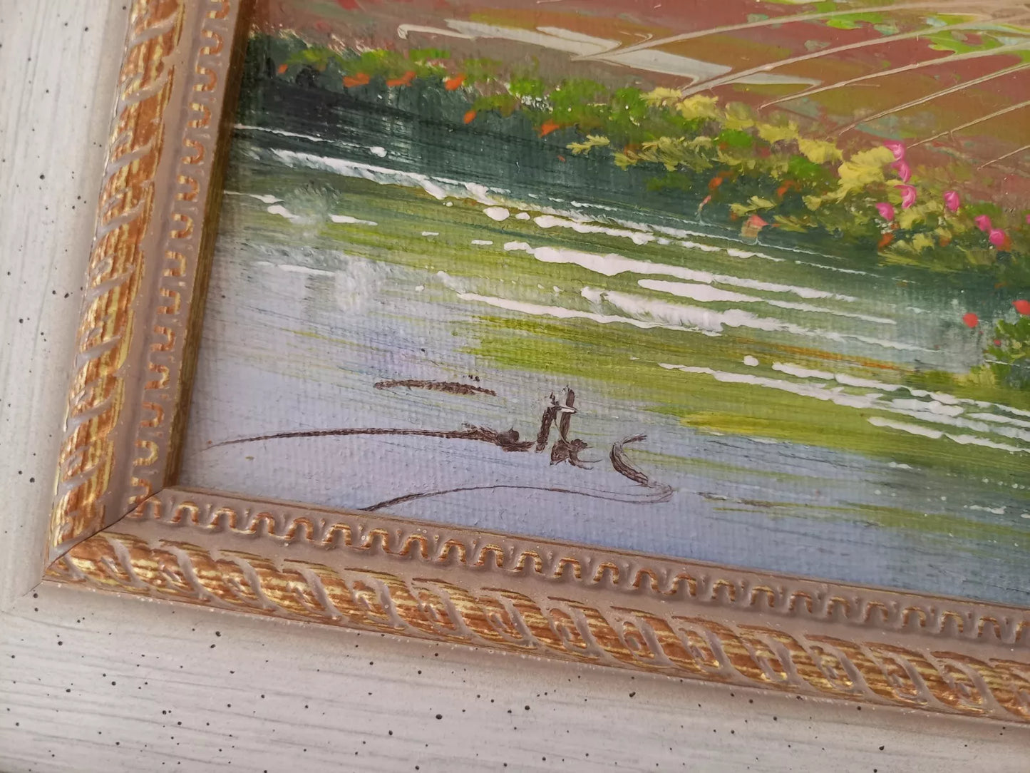 ORIGINAL Ölgemälde auf Leinwand inkl. Rahmen | Flusslandschaft / Berge | 38x33 cm | Signiert