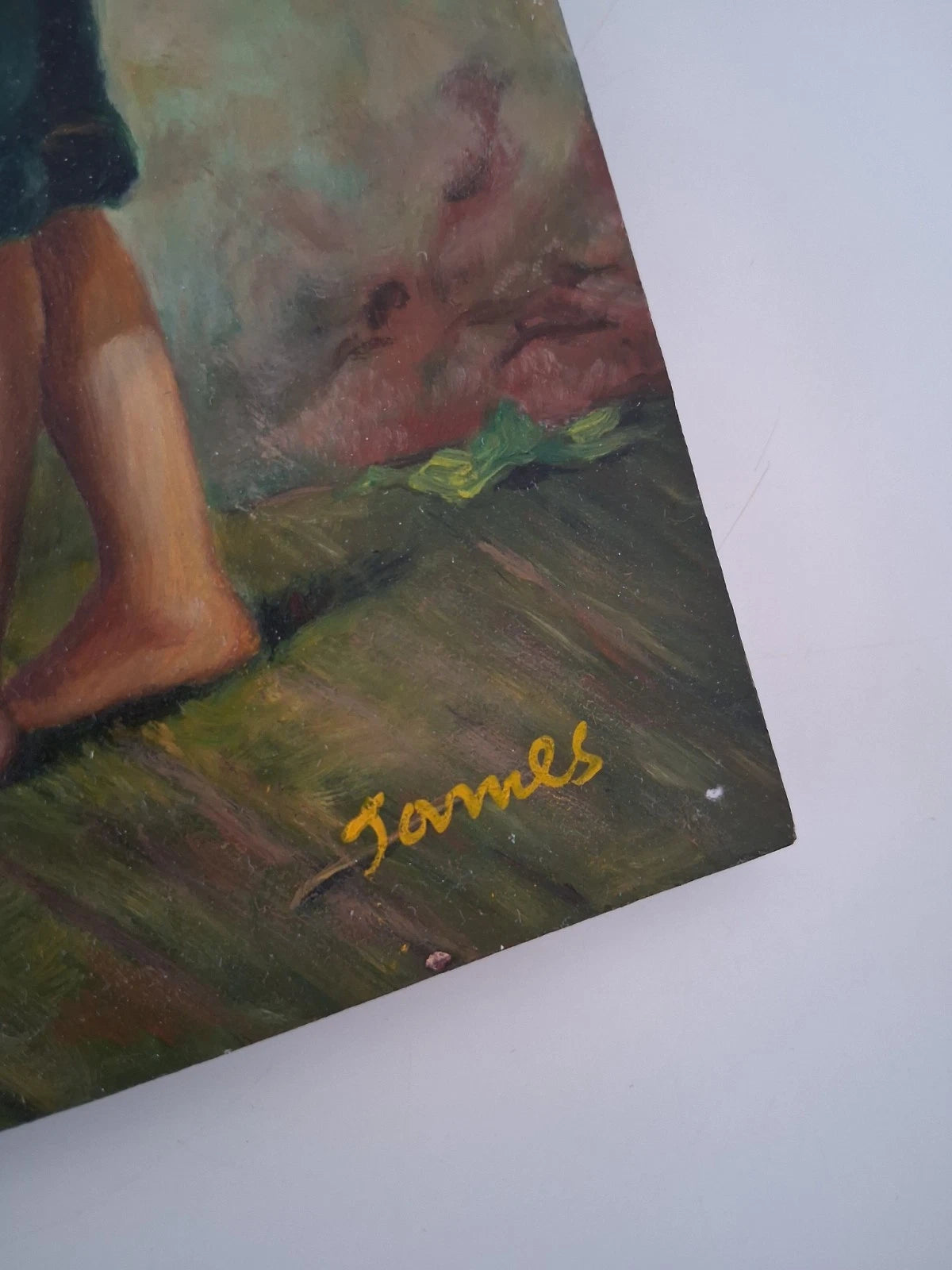 ORIGINAL Ölgemälde auf Holzplatte | Kinder mit Hund / Portrait | 20x25 cm | Signiert: JAMES