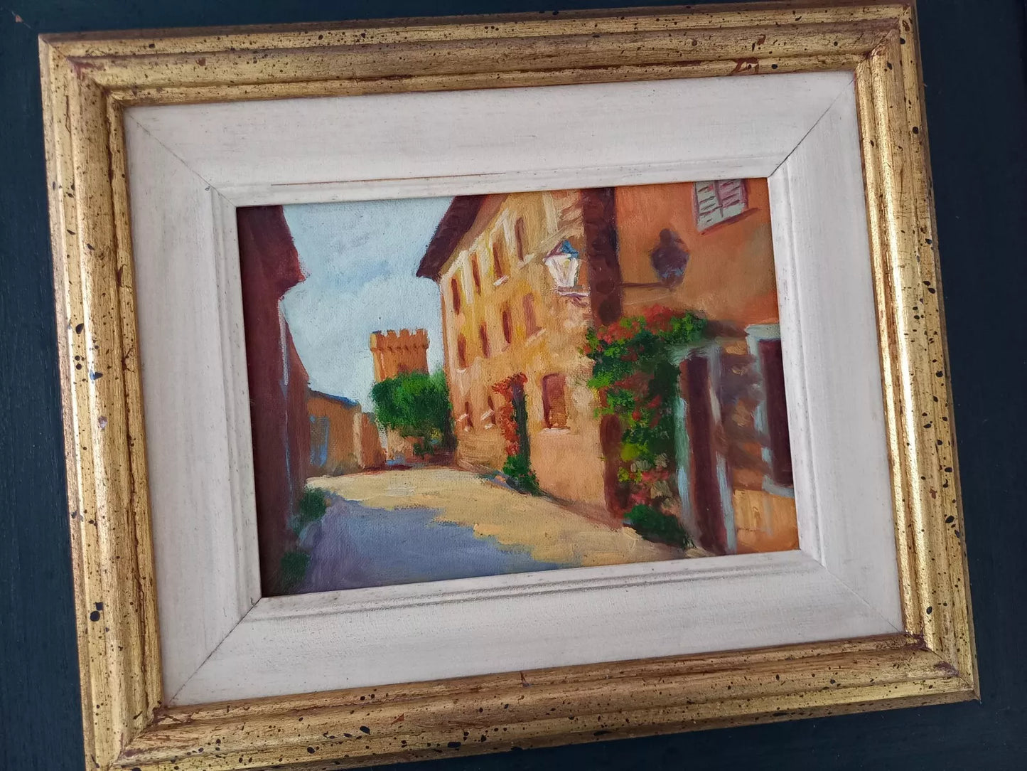 ORIGINAL Ölgemälde auf Karton inkl. Rahmen | Stadtansicht mit Burgturm | 39x35 cm