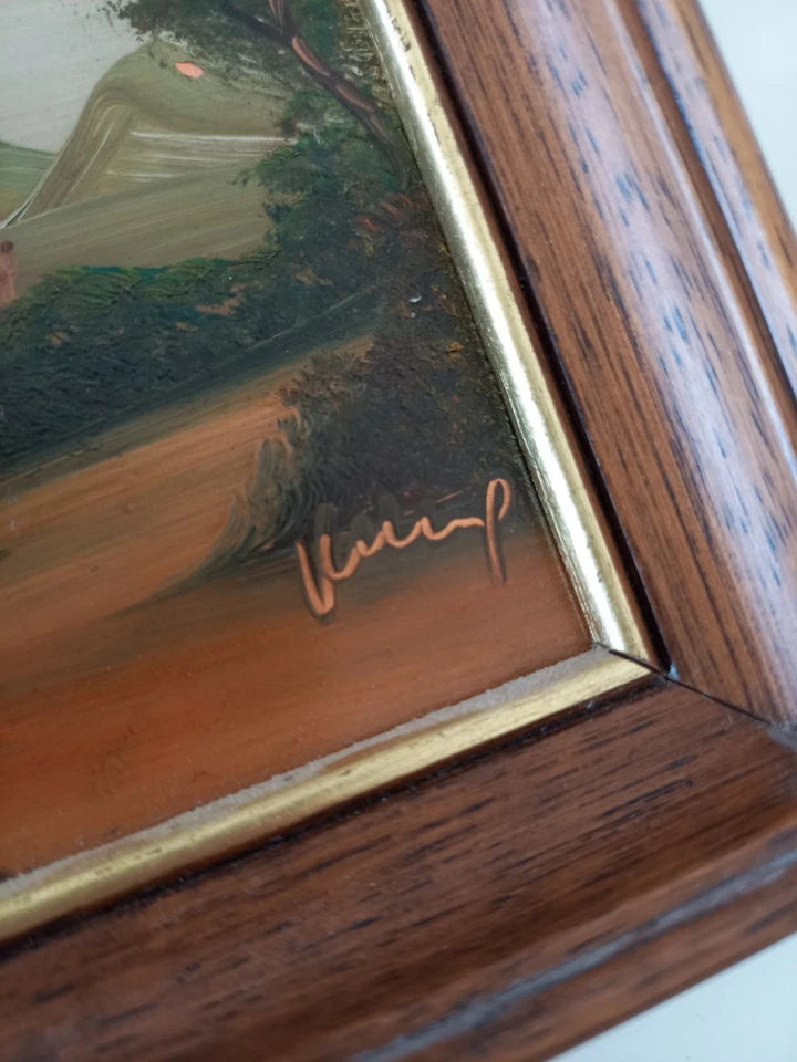 SELTENES KLEINES Ölgemälde auf Kupferplatte inkl. Rahmen | Landschaft / Burg / Italien | Signiert