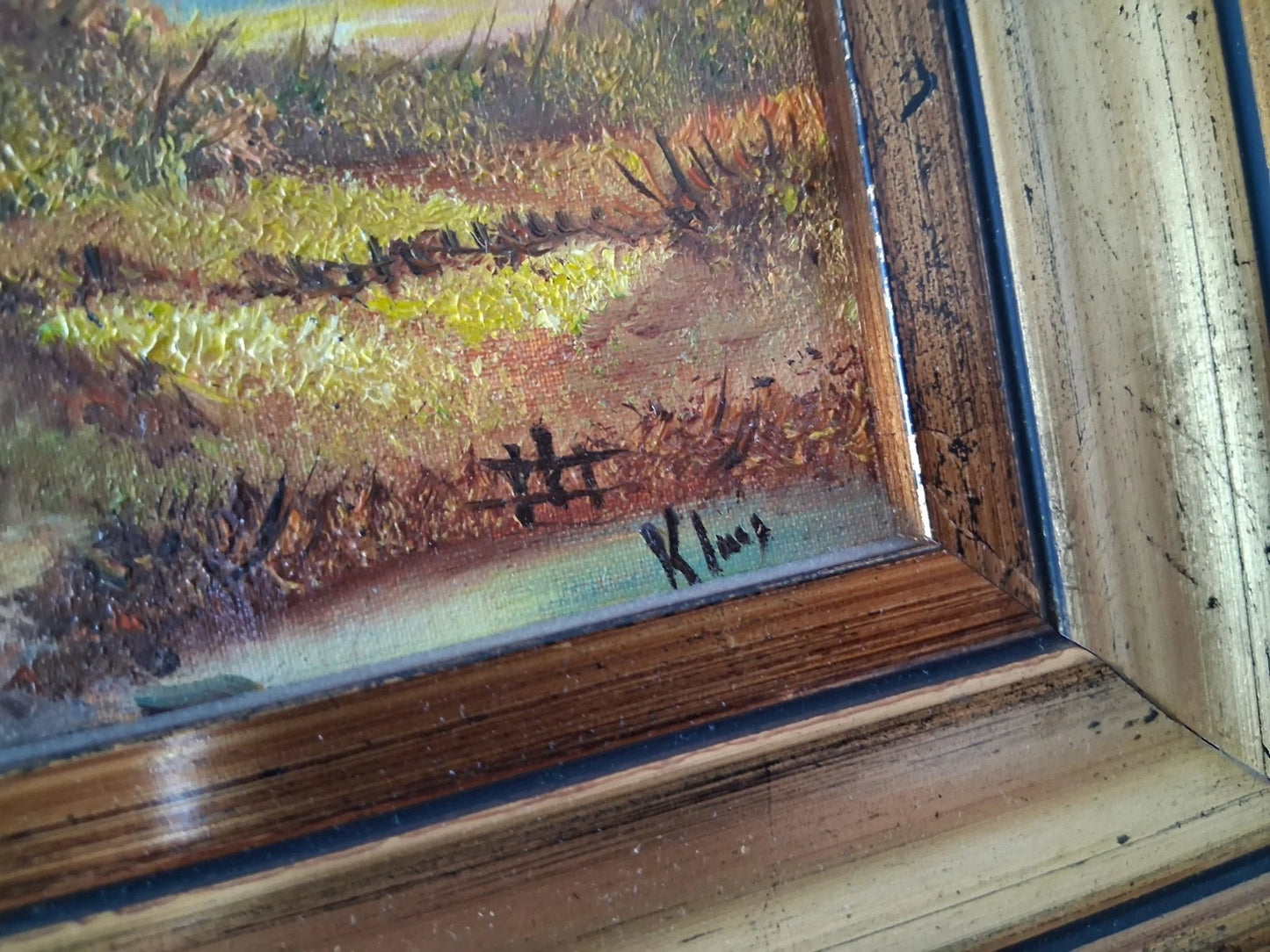 ORIGINAL Ölgemälde auf Karton inkl. Rahmen | Landschaft / Bauernhaus | 29x24 cm | Signiert