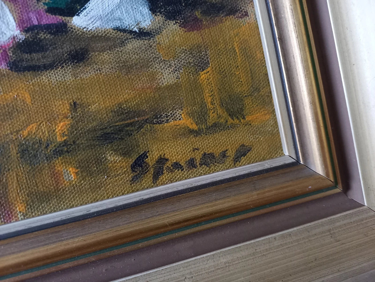 ORIGINAL Ölgemälde auf Karton inkl. Rahmen | Picknick am Strand / Abstrakt / Figuren | Signiert