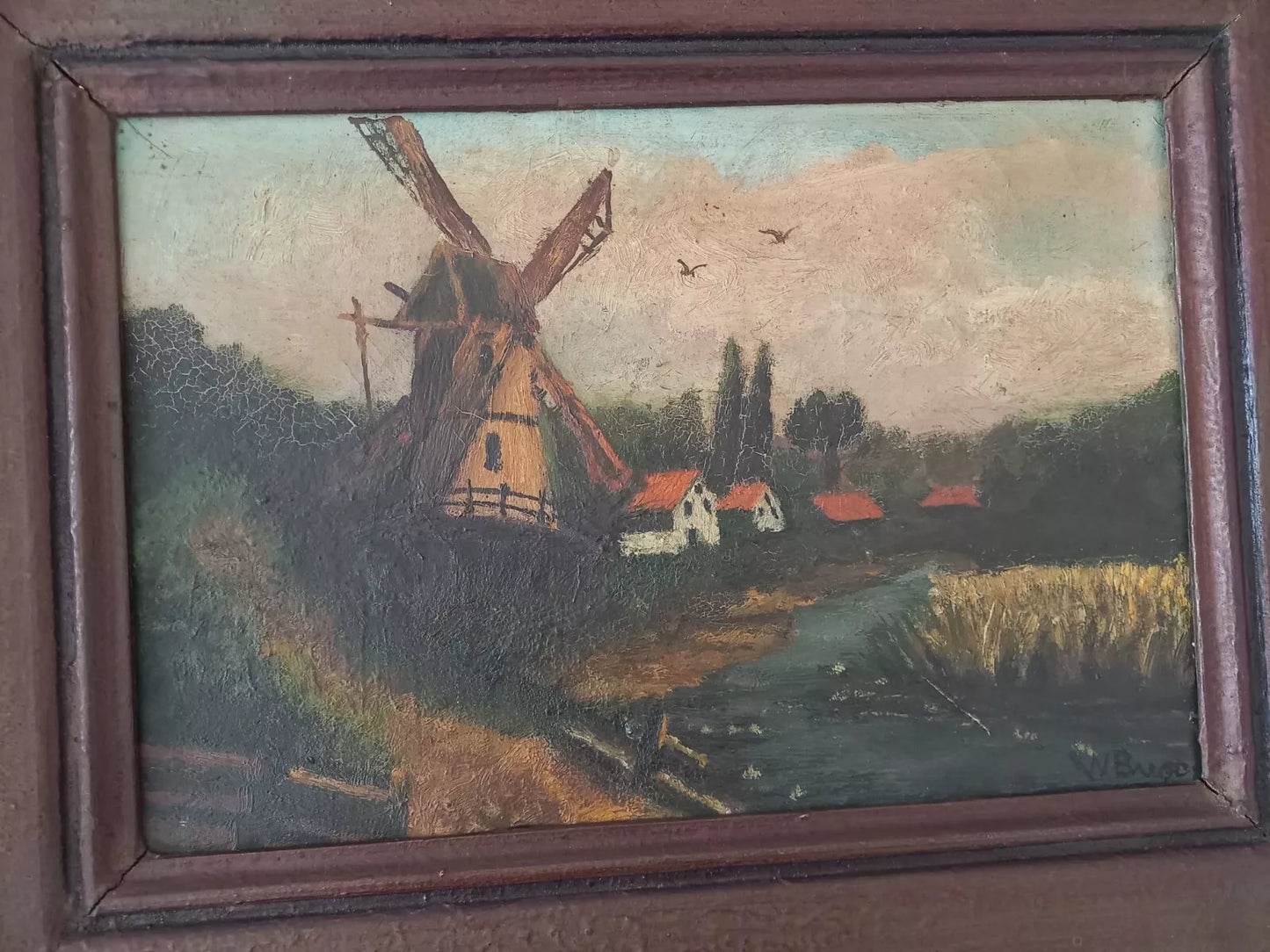 ORIGINAL Ölgemälde auf Leinwand inkl. Rahmen | Landschaft / Windmühle | 44x34 cm | Signiert