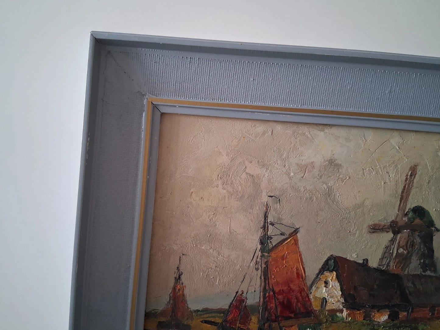 ORIGINAL Ölgemälde auf Karton inkl. Rahmen | Segelboot / Windmühle | 39x33 cm | Signiert