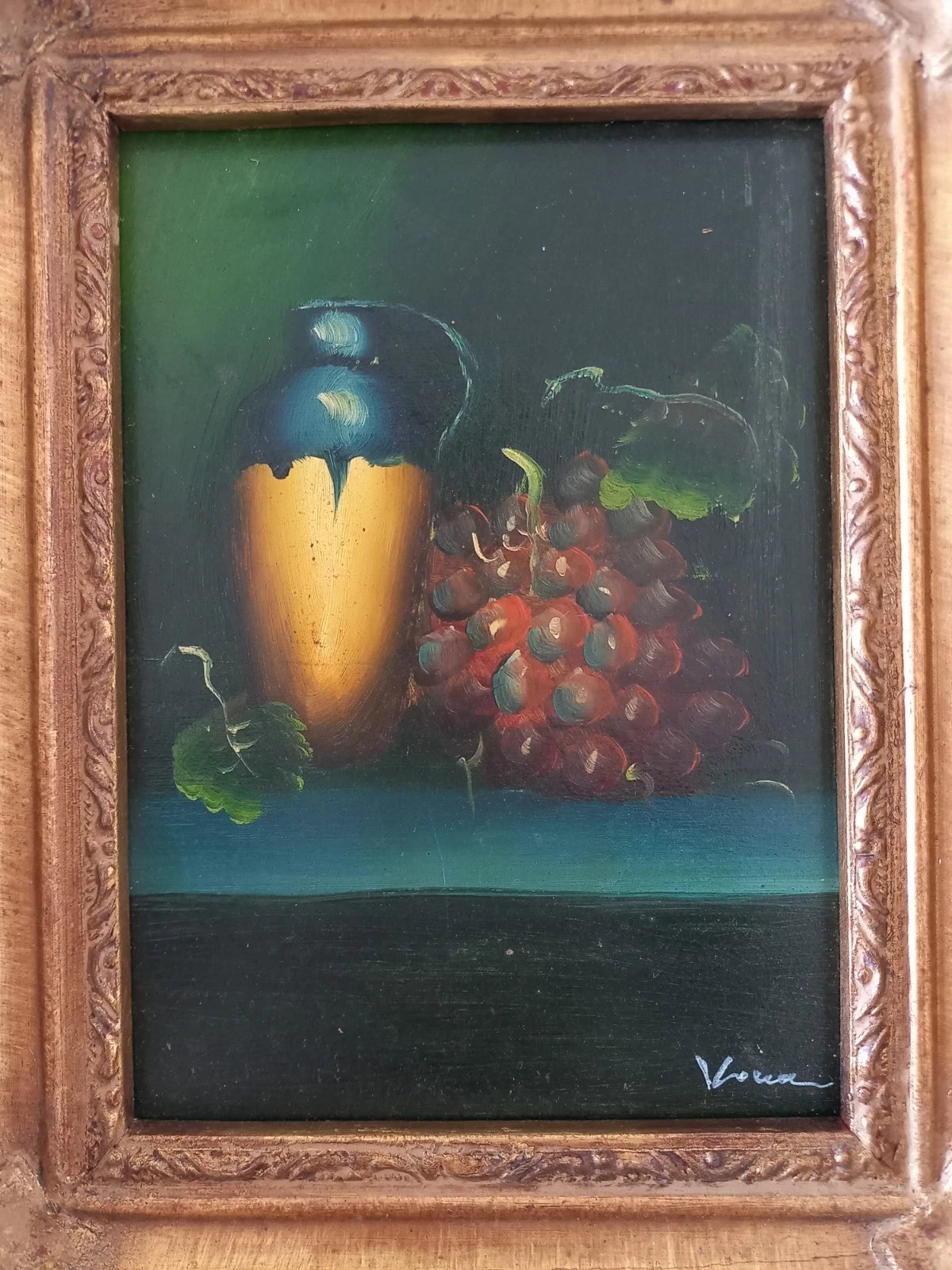 ORIGINAL Ölgemälde auf Karton inkl. Rahmen | Stillleben / Weintrauben | 21x26 cm | Signiert
