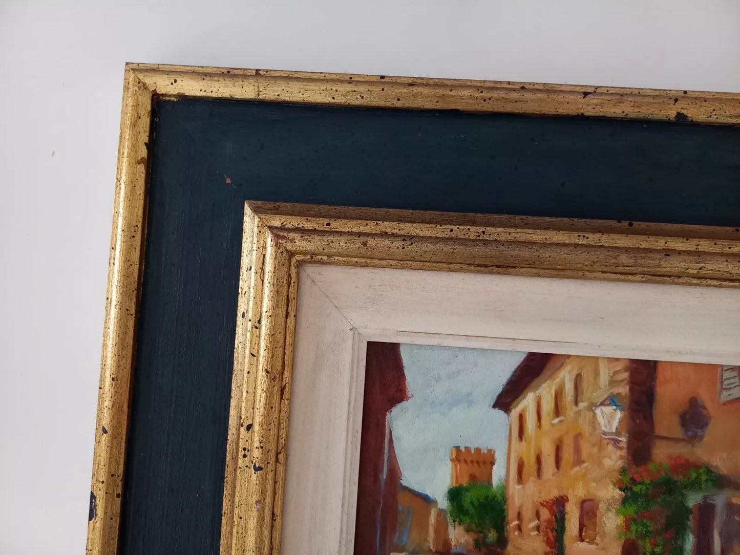 ORIGINAL Ölgemälde auf Karton inkl. Rahmen | Stadtansicht mit Burgturm | 39x35 cm