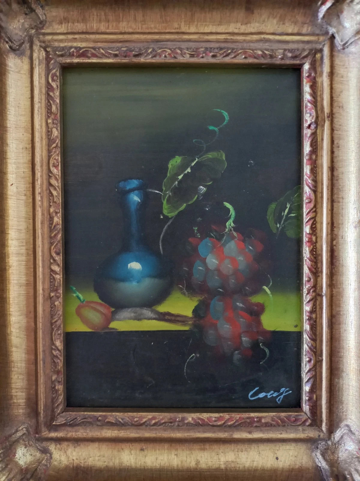 ORIGINAL Ölgemälde auf Karton inkl. Rahmen | Stillleben / Weintrauben | 21x26 cm | Signiert