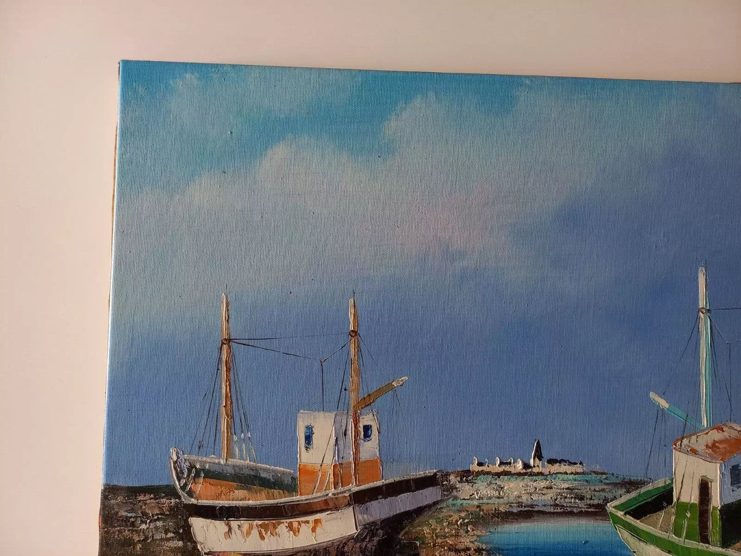 ORIGINAL Ölgemälde auf Leinwand | Fischerboote in der Bretagne / Frankreich | Signiert: TOUAR