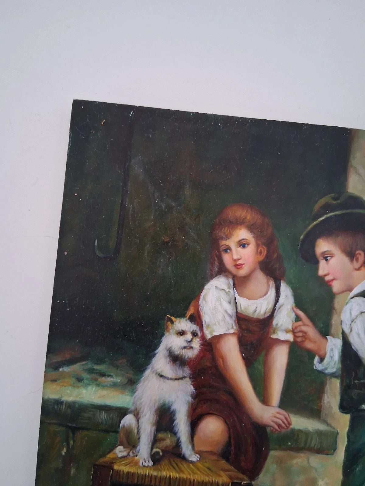 ORIGINAL Ölgemälde auf Holzplatte | Kinder mit Hund / Portrait | 20x25 cm | Signiert: JAMES