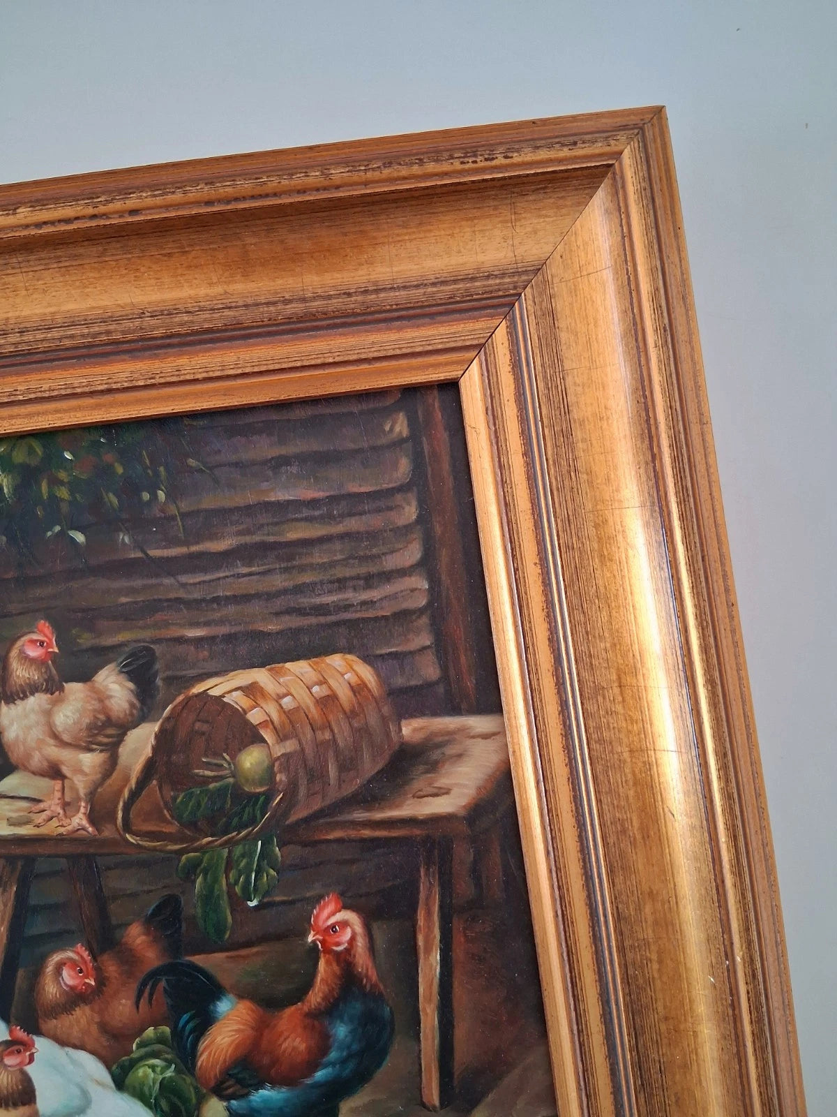 ORIGINAL Ölgemälde auf Holzplatte inkl. Rahmen | Hühnerstall / Bauernhof | Signiert: K. Koll