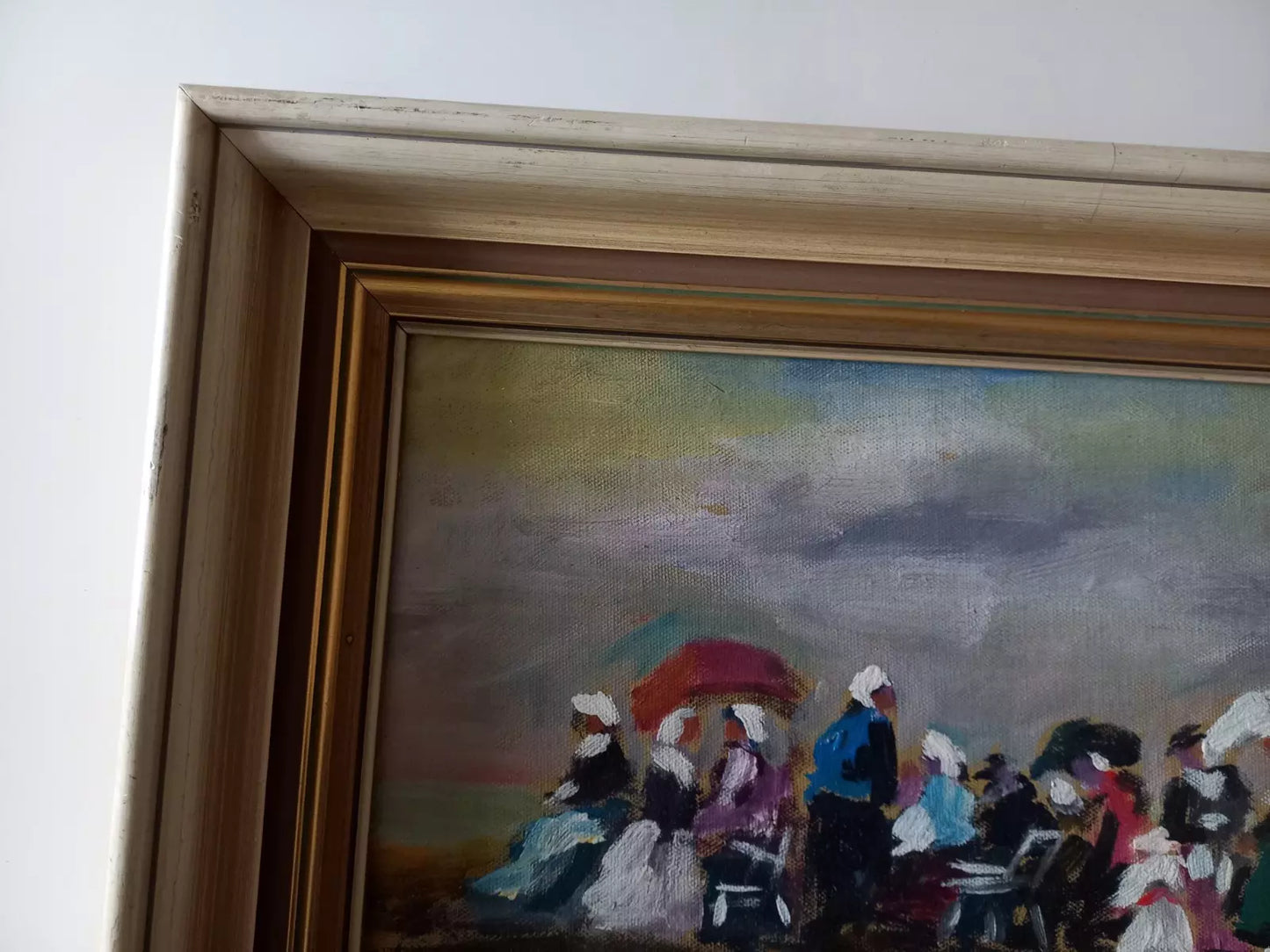 ORIGINAL Ölgemälde auf Karton inkl. Rahmen | Picknick am Strand / Abstrakt / Figuren | Signiert