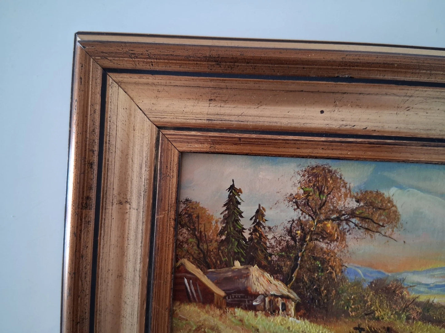 ORIGINAL Ölgemälde auf Karton inkl. Rahmen | Landschaft / Bauernhaus | 29x24 cm | Signiert