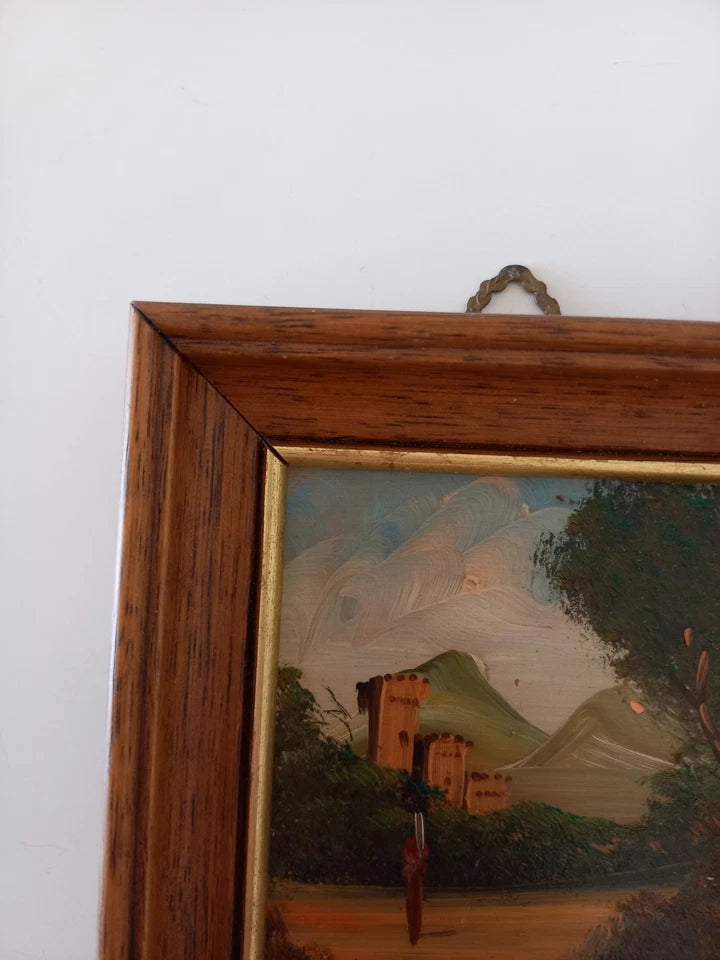 SELTENES KLEINES Ölgemälde auf Kupferplatte inkl. Rahmen | Landschaft / Burg / Italien | Signiert