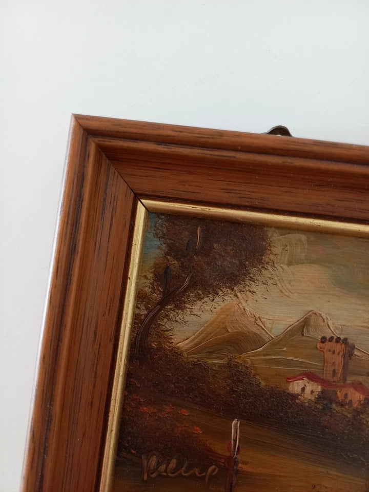 SELTENES KLEINES Ölgemälde auf Kupferplatte inkl. Rahmen | Landschaft / Burg / Italien | Signiert