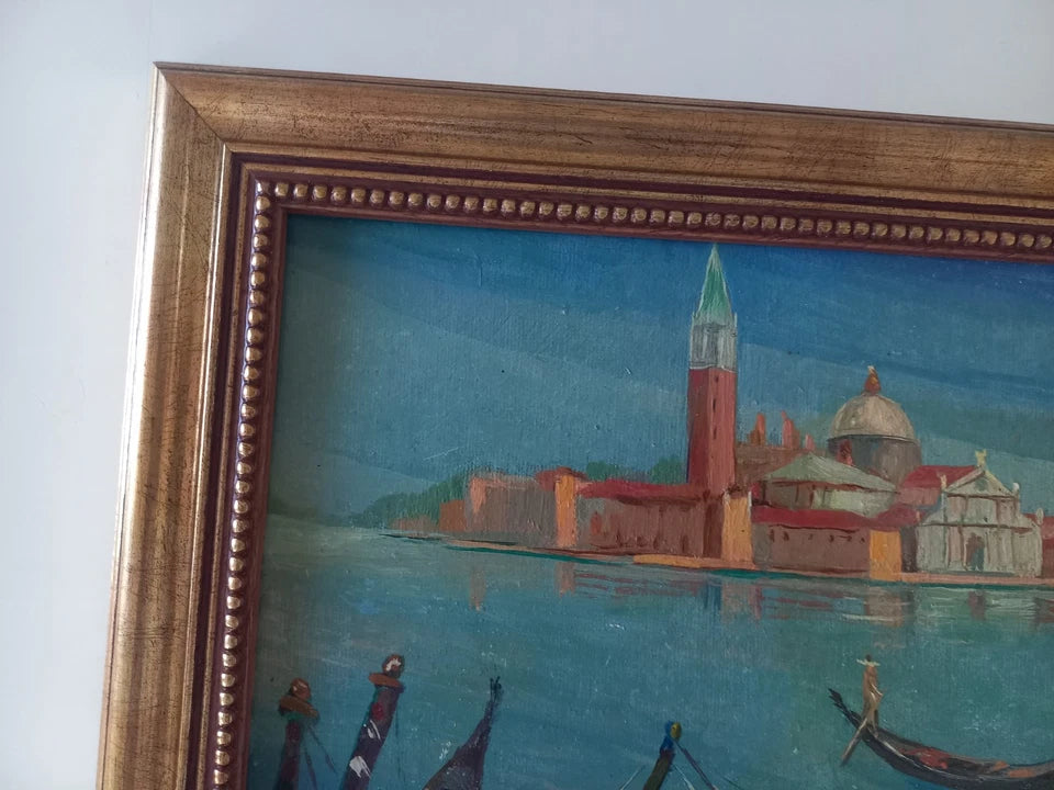 ORIGINAL Ölgemälde auf Karton inkl. Rahmen | San Marco / Markusturm / Venedig | Signiert