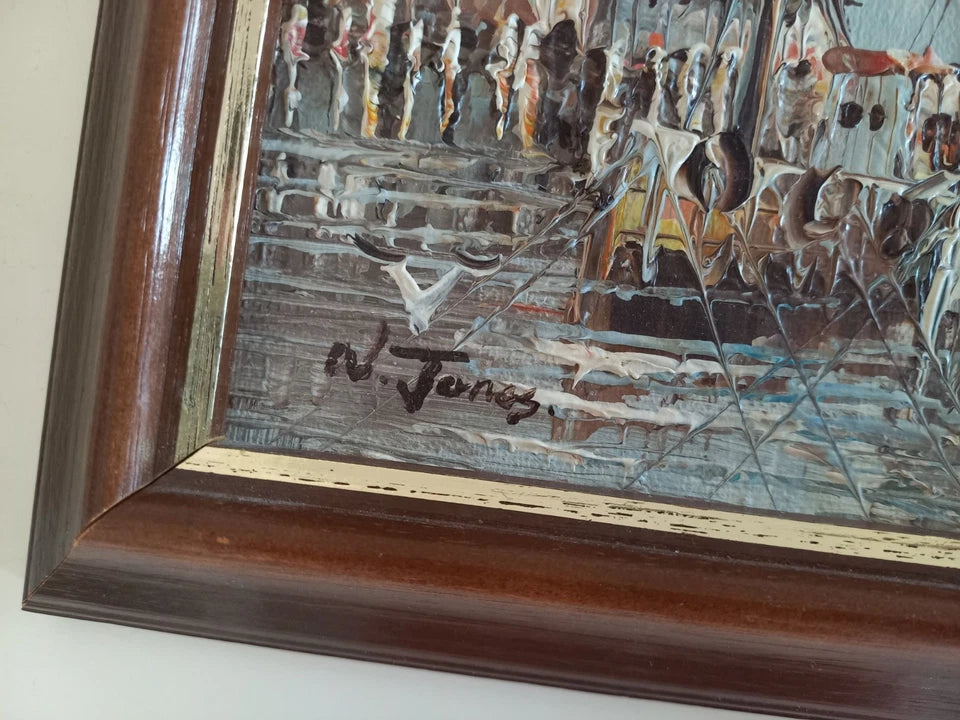 ORIGINAL Ölgemälde auf Karton | Fischerboote im Hafen | 19x14 cm | Signiert: N. JONES