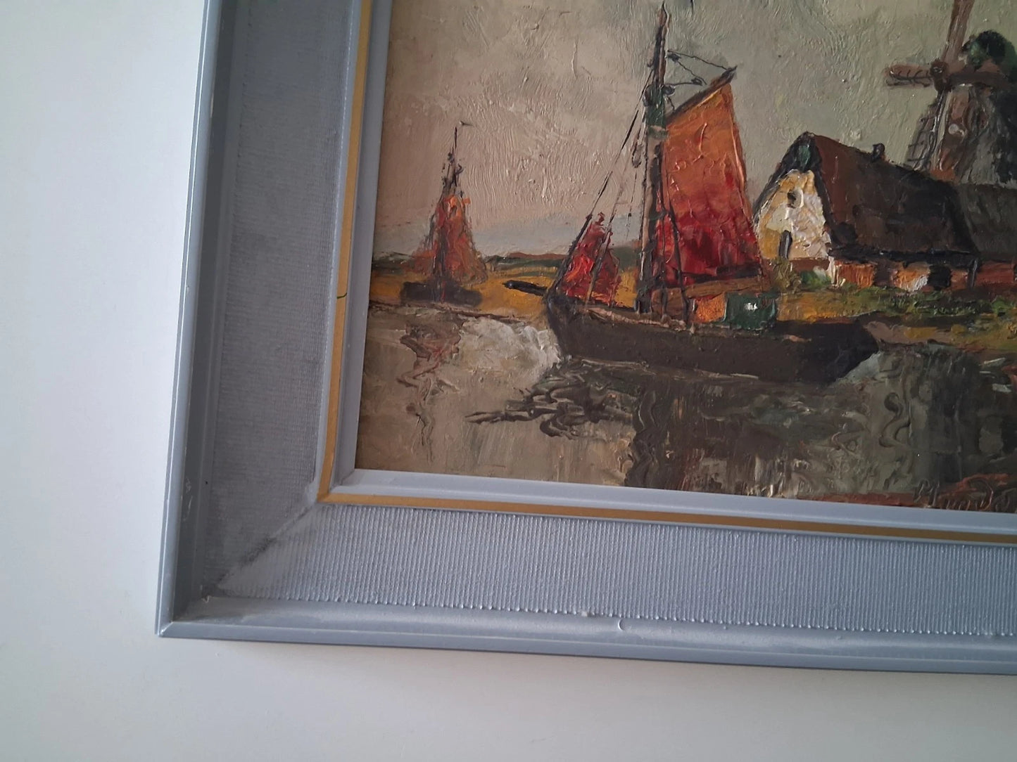ORIGINAL Ölgemälde auf Karton inkl. Rahmen | Segelboot / Windmühle | 39x33 cm | Signiert