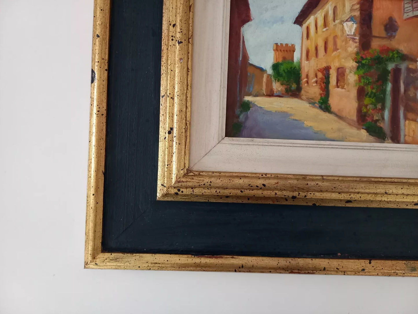 ORIGINAL Ölgemälde auf Karton inkl. Rahmen | Stadtansicht mit Burgturm | 39x35 cm