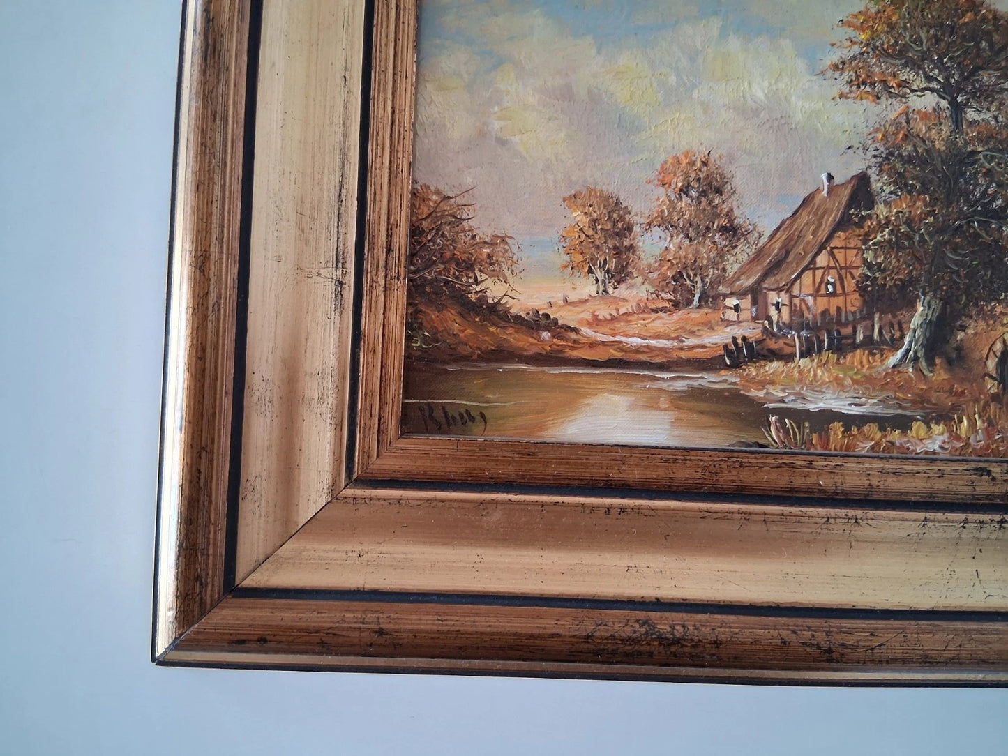 ORIGINAL Ölgemälde auf Karton inkl. Rahmen | Bauernhaus / Landschaft | 29x24 cm | Signiert