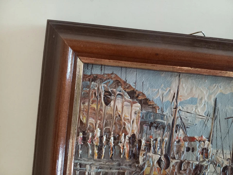 ORIGINAL Ölgemälde auf Karton | Fischerboote im Hafen | 19x14 cm | Signiert: N. JONES