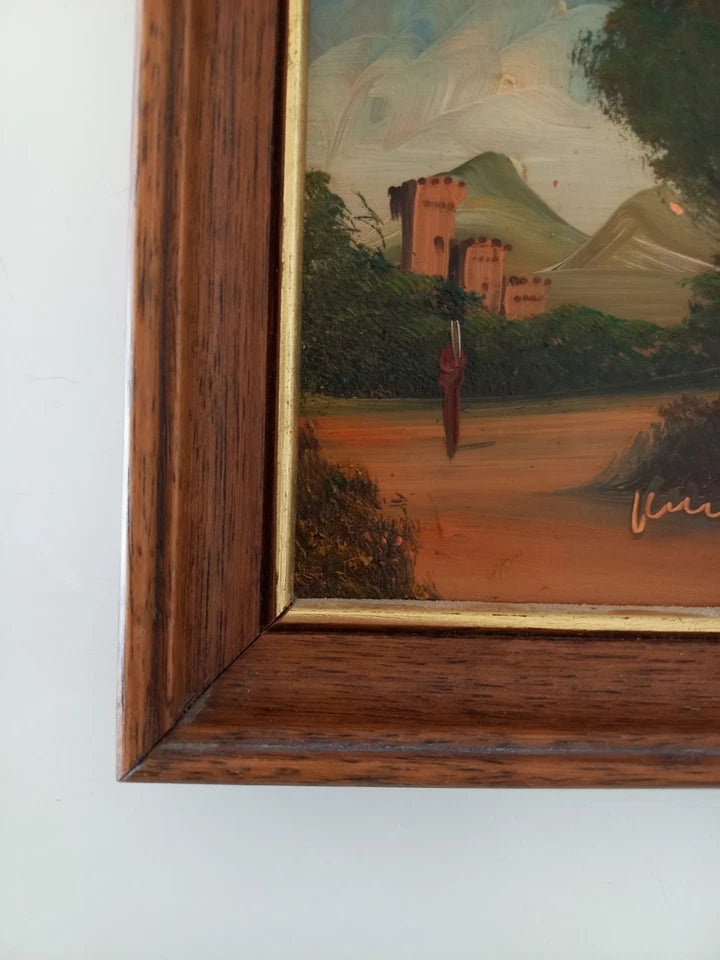 SELTENES KLEINES Ölgemälde auf Kupferplatte inkl. Rahmen | Landschaft / Burg / Italien | Signiert