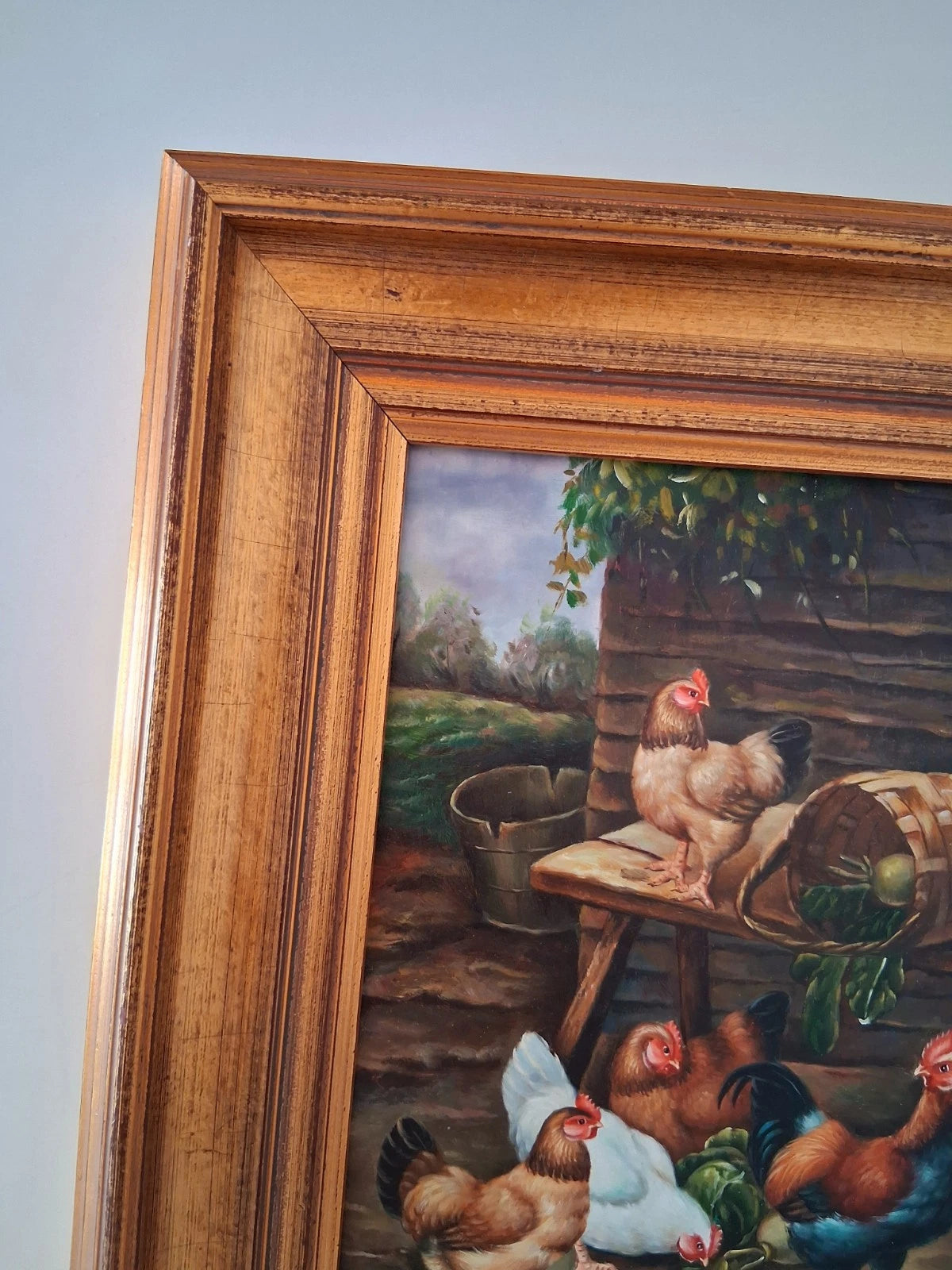 ORIGINAL Ölgemälde auf Holzplatte inkl. Rahmen | Hühnerstall / Bauernhof | Signiert: K. Koll