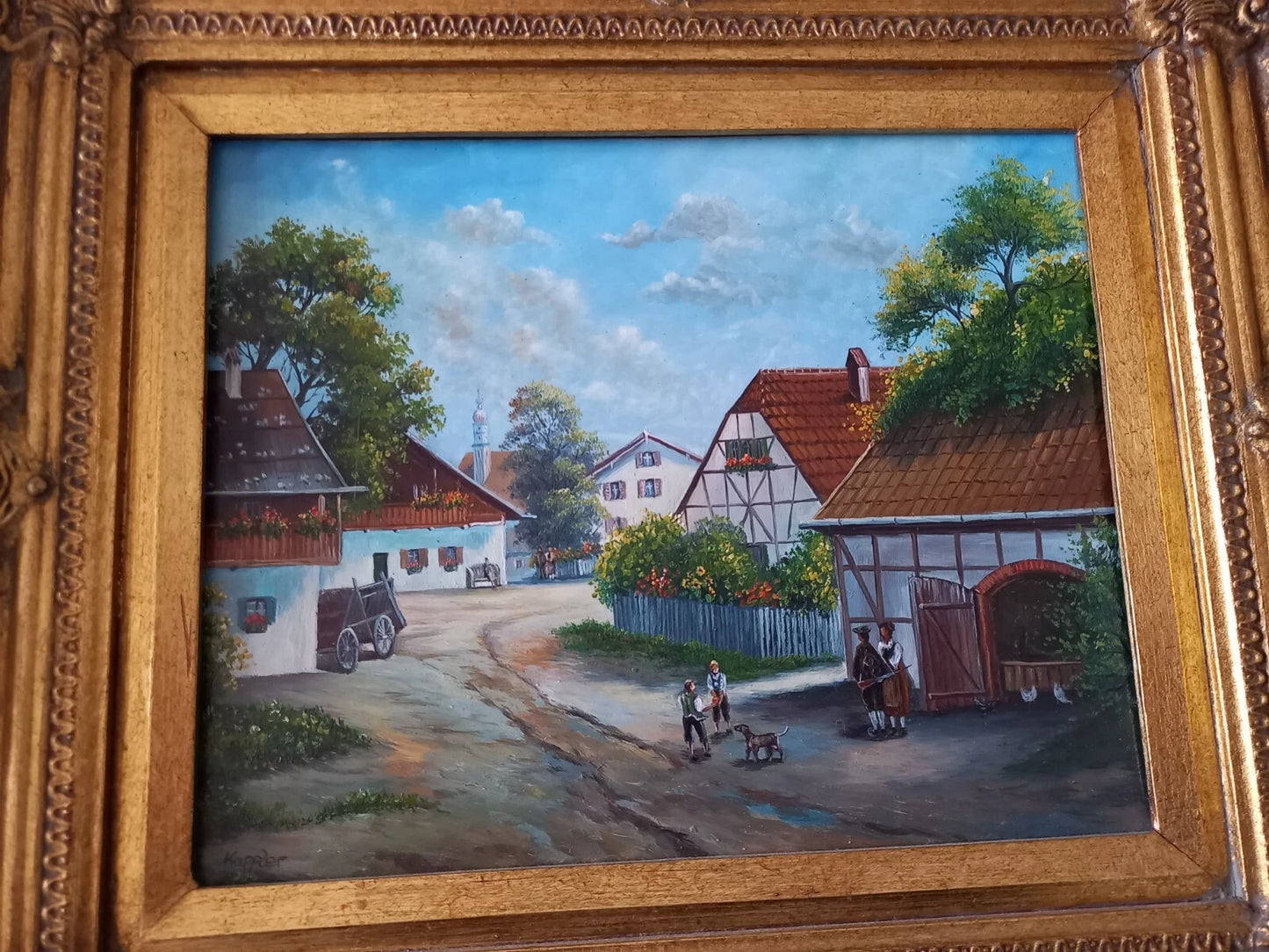 ORIGINAL Ölgemälde auf Holzplatte inkl. antikem Rahmen | Fachwerkhäuser / Dorfleben | Signiert