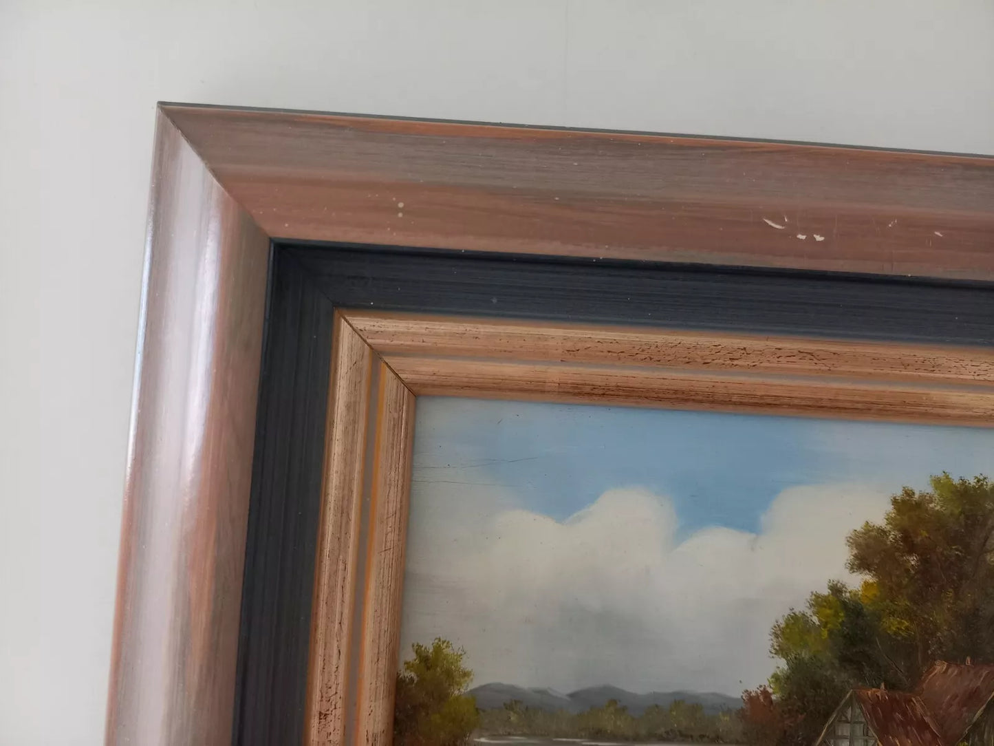 ORIGINAL Ölgemälde auf Holzplatte | Landschaft / Bauernhaus am See | Signiert: VON PAPEN