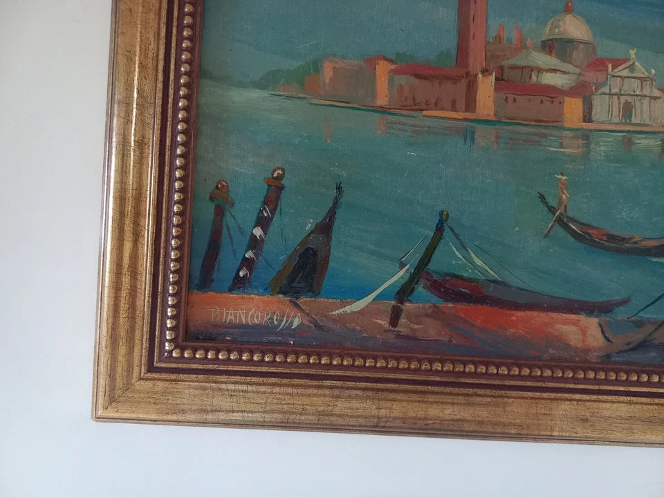 ORIGINAL Ölgemälde auf Karton inkl. Rahmen | San Marco / Markusturm / Venedig | Signiert
