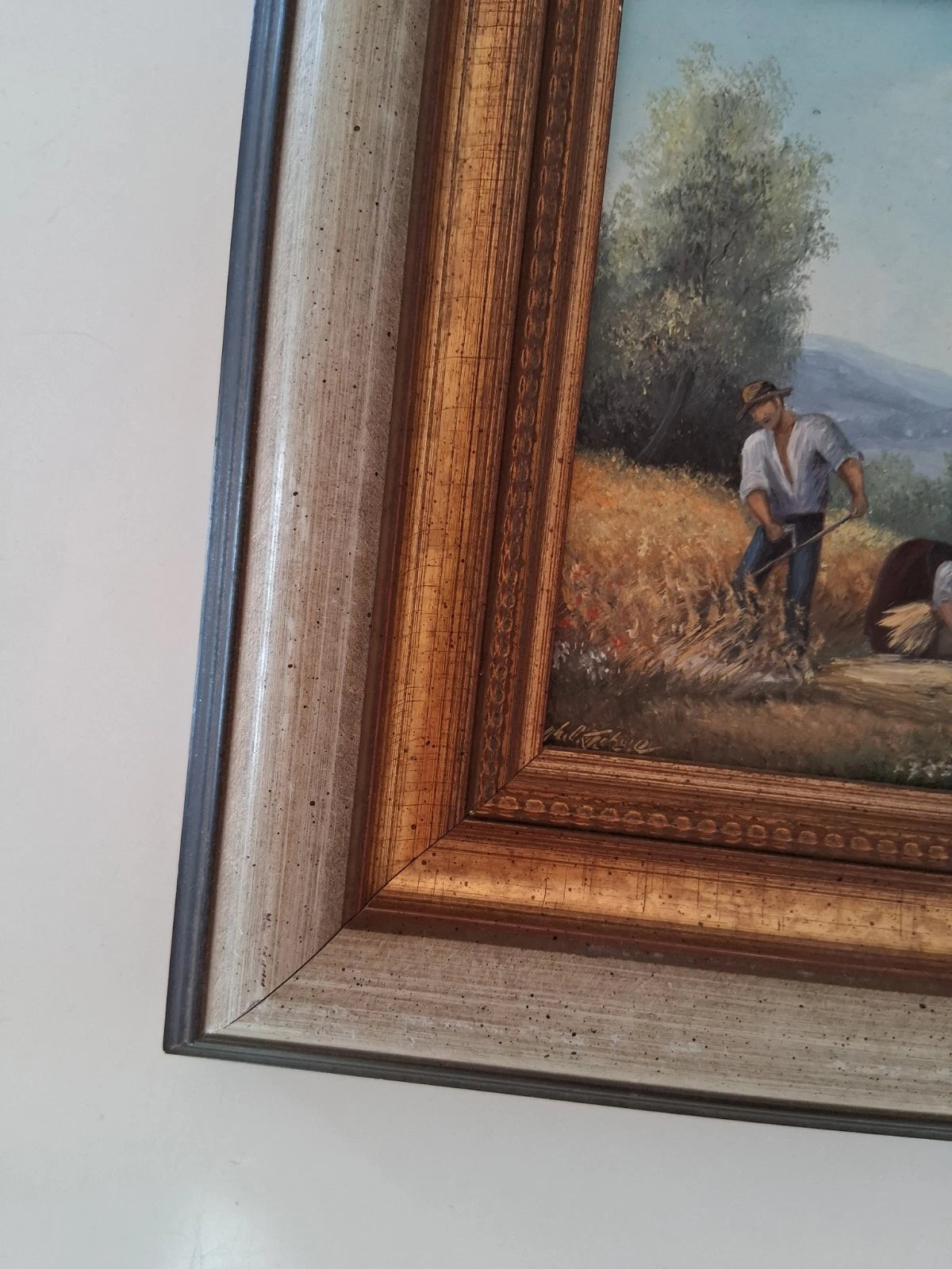 ORIGINAL Ölgemälde auf Holzplatte inkl. Rahmen | Landwirtschaft / Heuernte / Figuren | Signiert