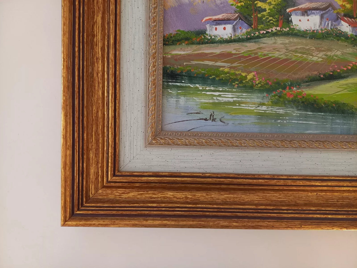 ORIGINAL Ölgemälde auf Leinwand inkl. Rahmen | Flusslandschaft / Berge | 38x33 cm | Signiert